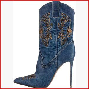 Embroidered Western Cowboy Stiletto Heel Boots Pointed Toe Pull-Up